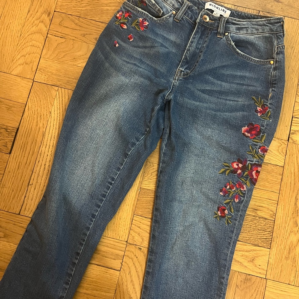 Highrise Floral Embroidered Straight Leg Jeans